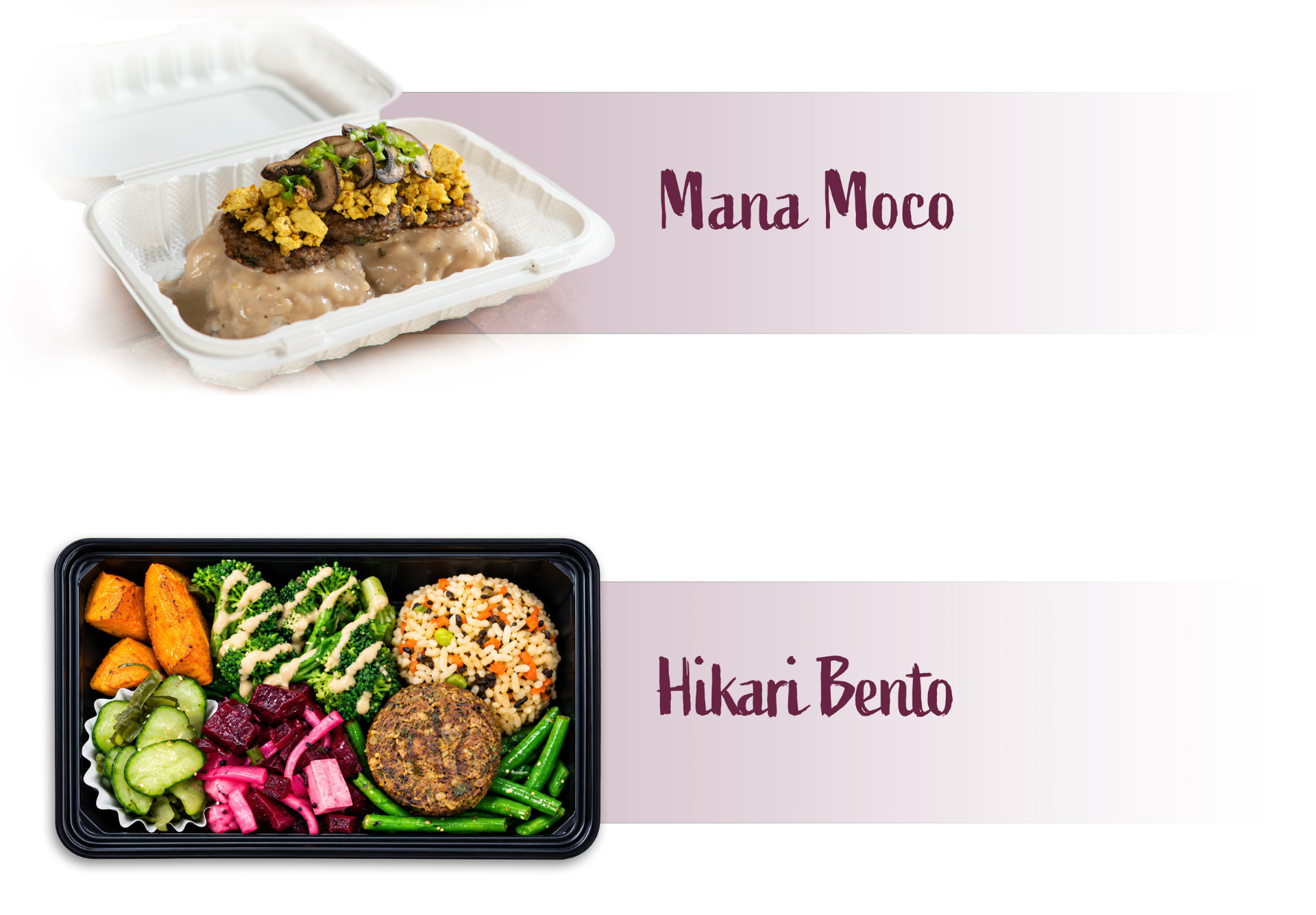Paiola Menu, Pono Cury Plate, Lava Bowl, Hikari Bento with plant-based ingredients
