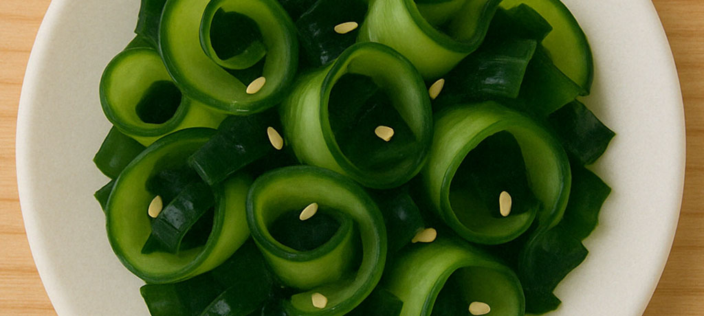 Plant-based cucumber and wakame salad arranged on a plate - Paiola