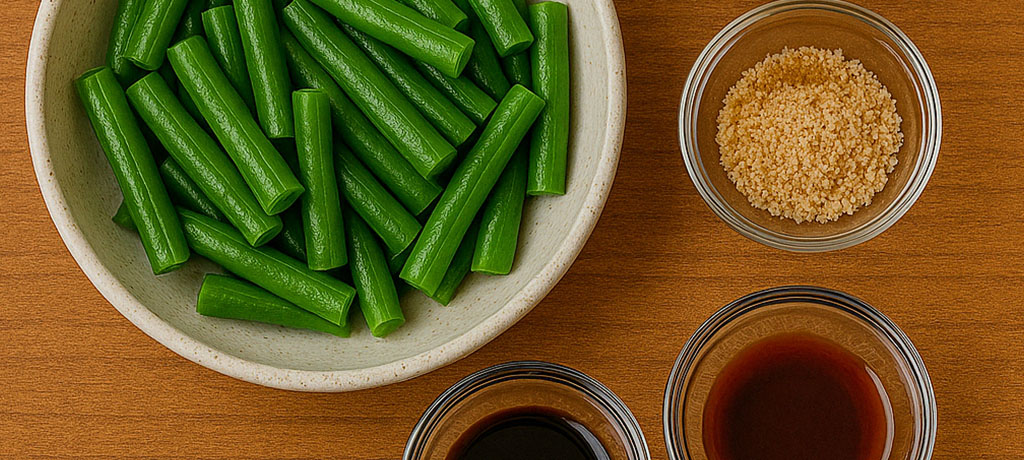 Ingredients for plant-based green bean goma-ae: green beans and sesame seeds mise en place
