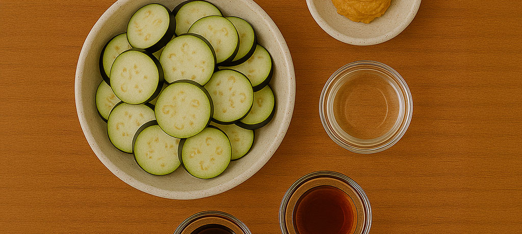 Ingredients for plant-based miso-glazed eggplant: eggplant slices and miso glaze mise en place