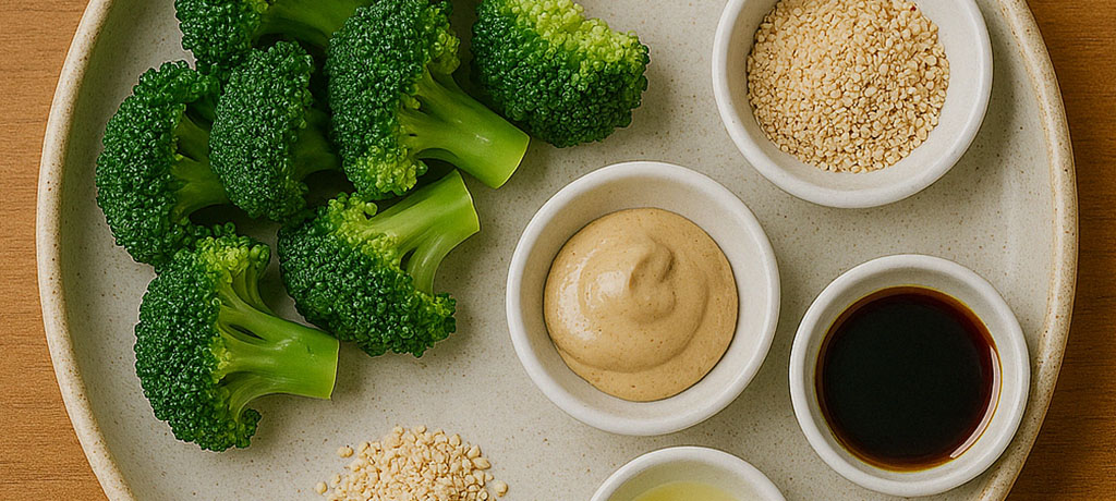Ingredients for plant-based sesame broccoli: broccoli florets and sesame seeds mise en place