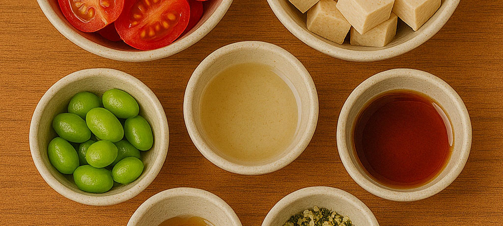 Ingredients for plant-based tomato and tofu salad: cherry tomatoes and tofu cubes mise en place