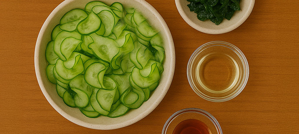Ingredients for plant-based cucumber and wakame salad: Japanese cucumbers and wakame seaweed mise en place